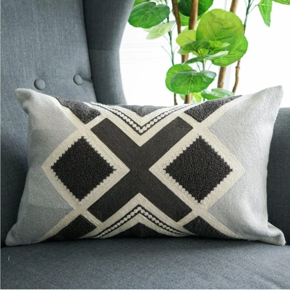 West Elm Gray Embroidered Accent Textured Throw Pillow 12” X 21” Modern White